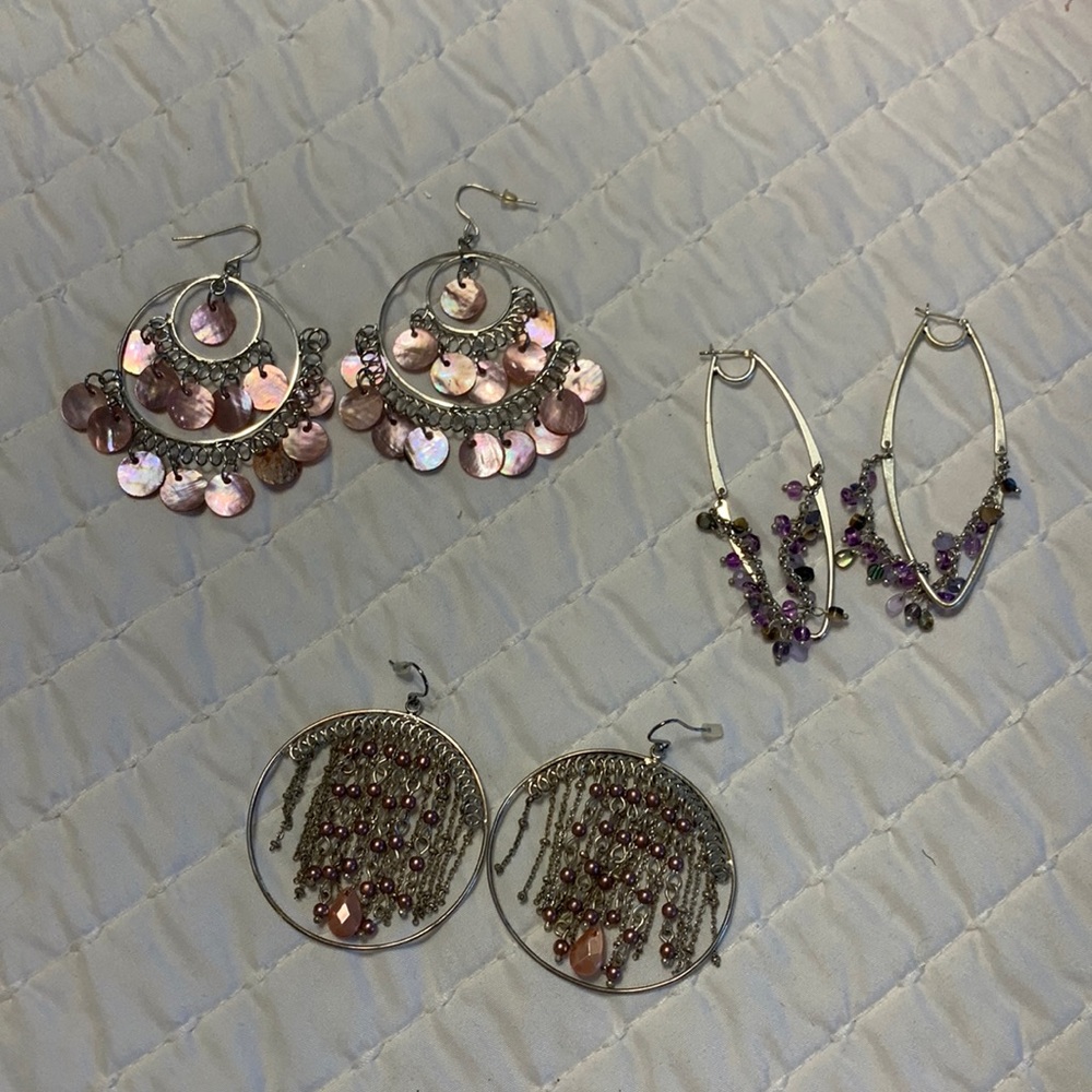 3 pair pink and purple statement earrings. EUC